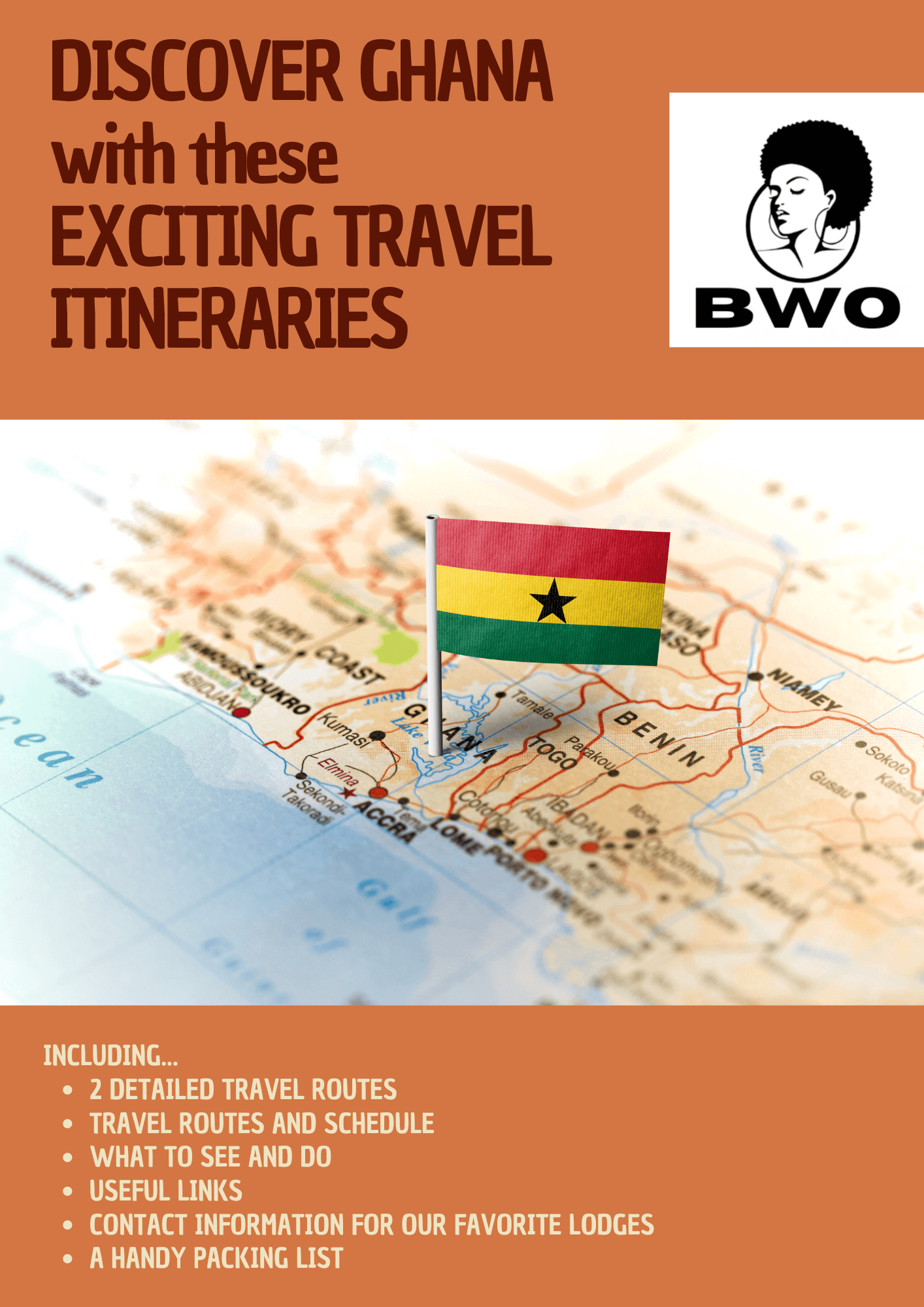 front page of our e book with lot's of travel information for Ghana
